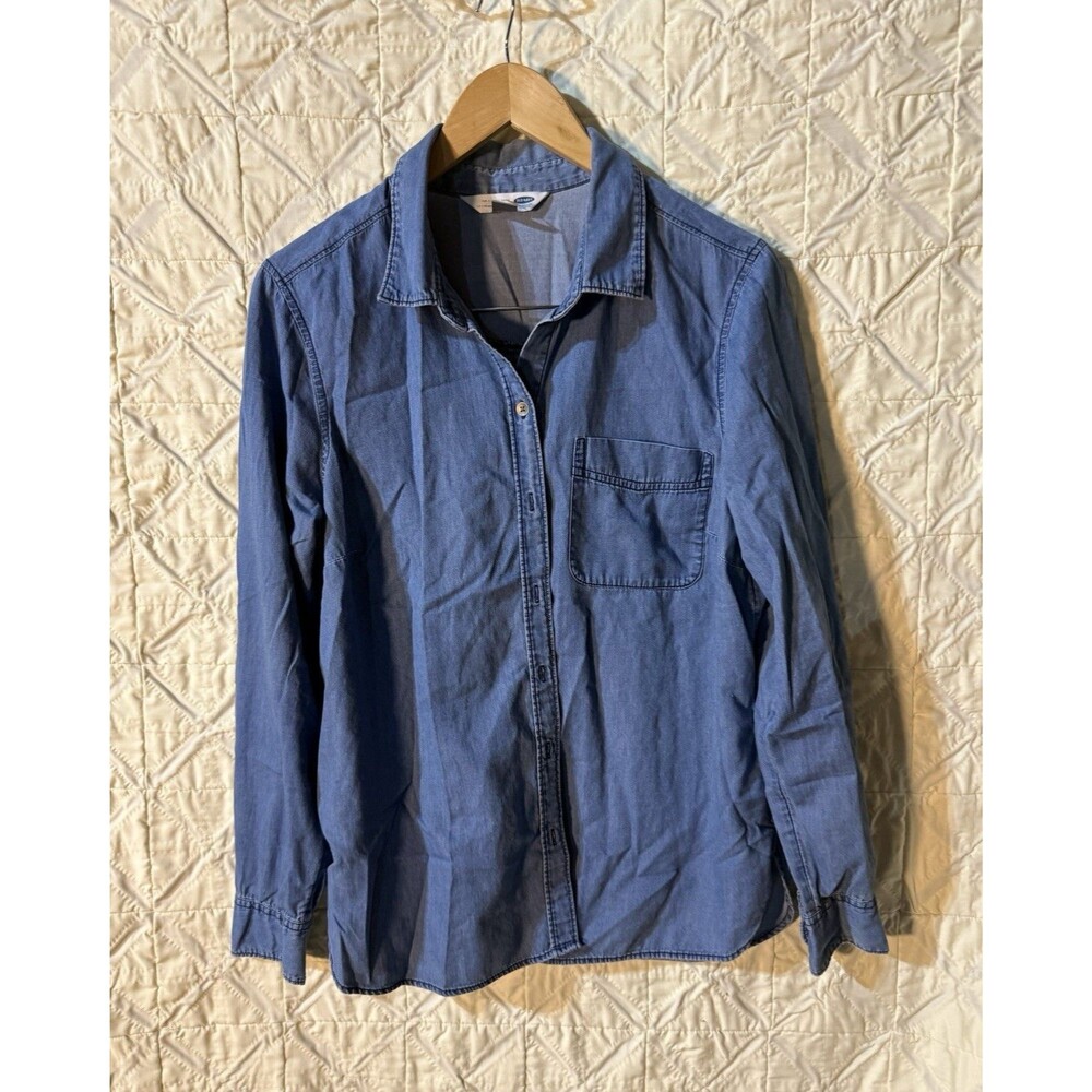 Old Navy Large Blue Chambray Button Front Shirt Long Sleeve Denim Look Top